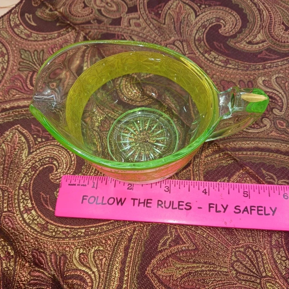 Vtg Green Uranium Glass Creamer & Sugar Bowl Floral w Gold Gilt